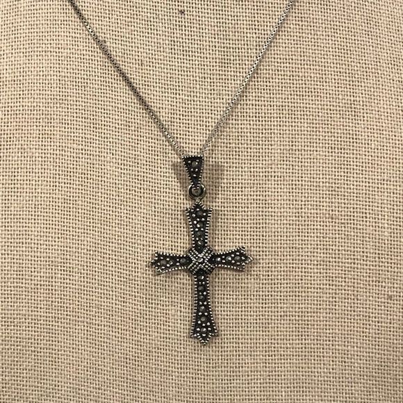 Vintage Marcasite Sterling Silver Cross On Box Chain Necklace 20” - Picture 5 of 7